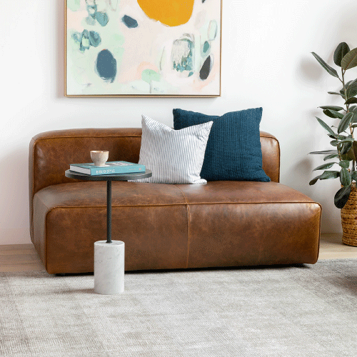 Sunlit room with an armless sofa bed as the centerpiece.