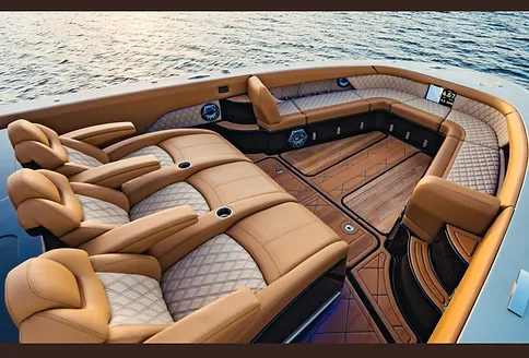 Elegant boat seats upholstered in a patterned fabric.