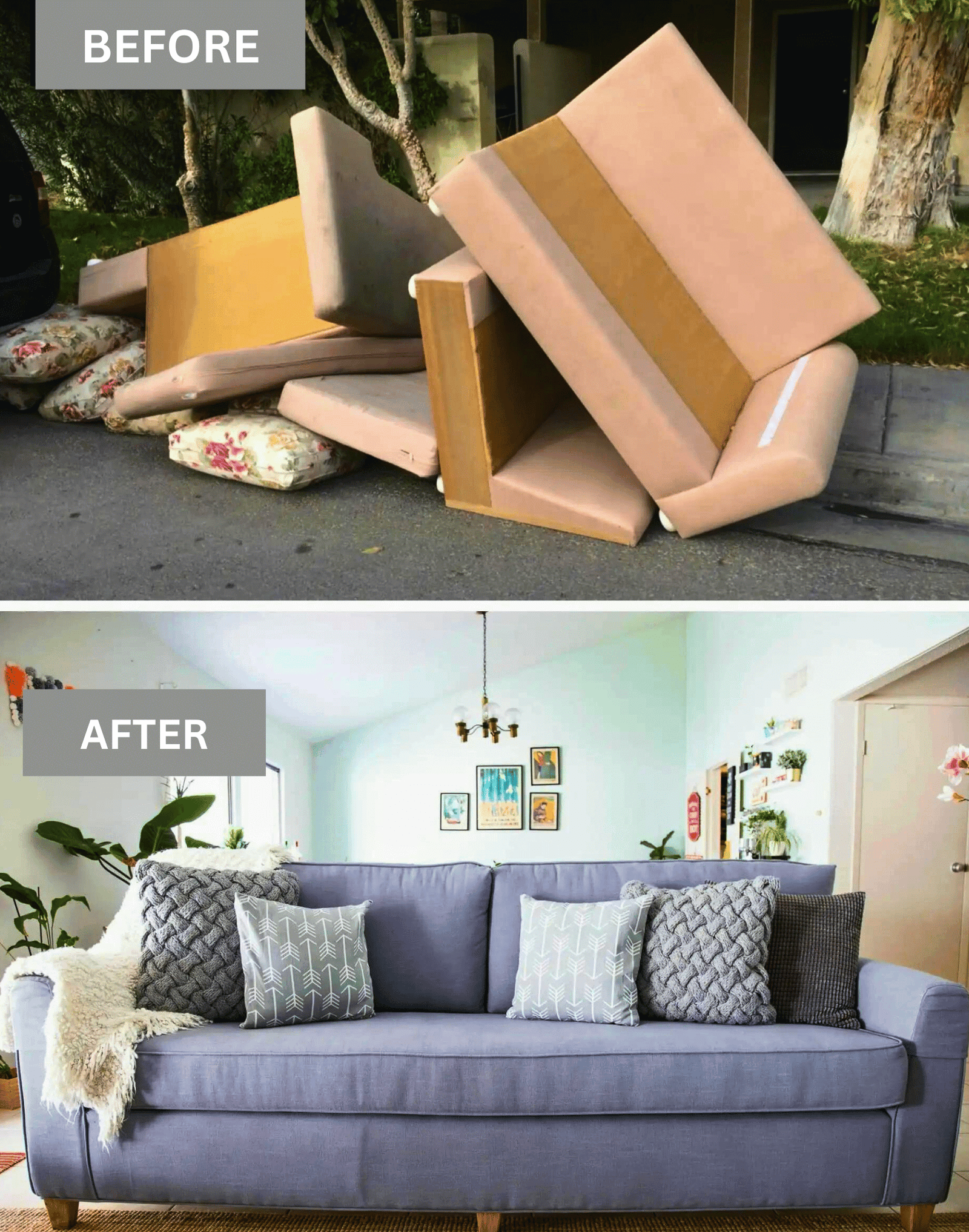 Skilled hands carefully reupholstering a worn sofa.