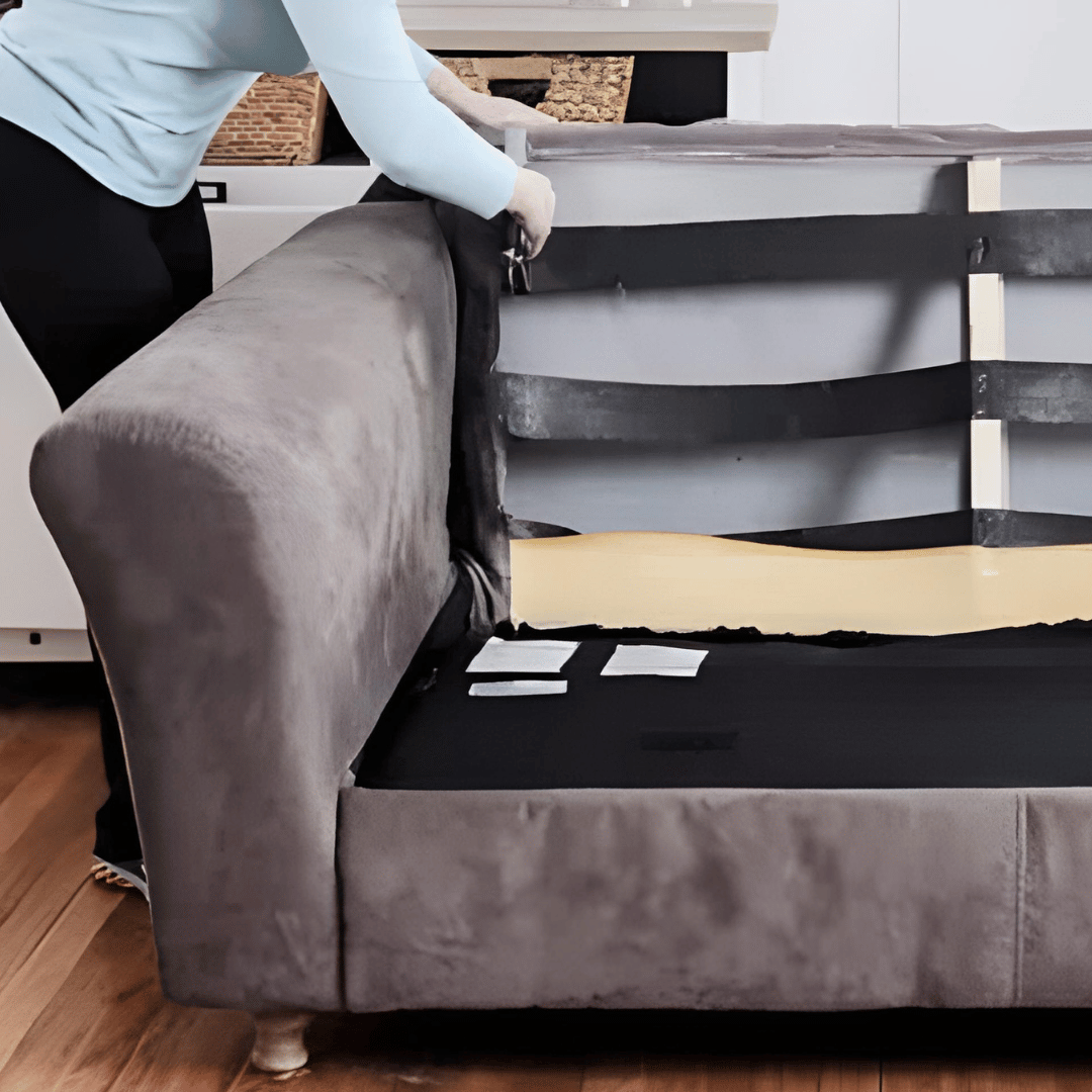 A technician replacing worn-out sofa springs.