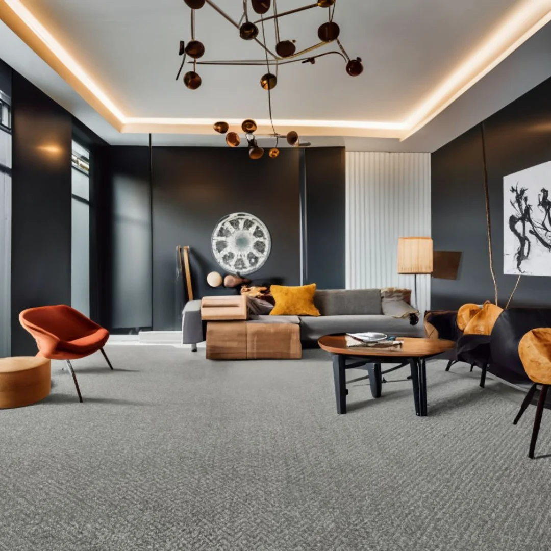 A cozy living room featuring a plush wall-to-wall carpet.